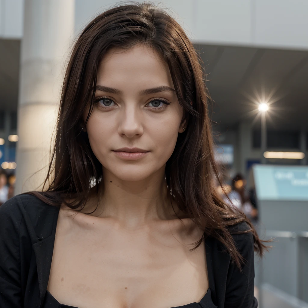 femme Française de 21 ans jolie a l'aéroport , au long cheveux noir flottant et aux yeux perçant Il doit avoir une expression naturelle et accessible et être éclairé par la douce lumière dorée du soleil., Pose simple  vue attrayante, Coup moyen