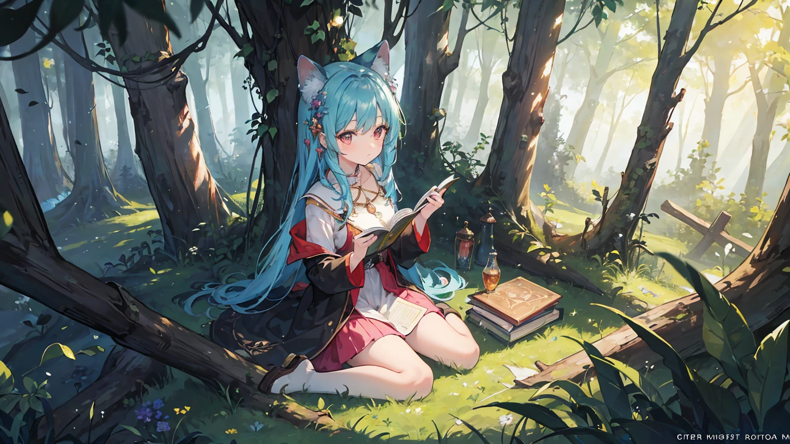 (masterpiece, best quality), (rich and colorful:1.4), from above, Solitary, 1A girl sits in an ancient forest and chants a spell,Where the trees whisper secrets,Animals speak human language, With a bag of magical forest fruits and a forgotten book of spells, Depth of Field, Fisheye lens