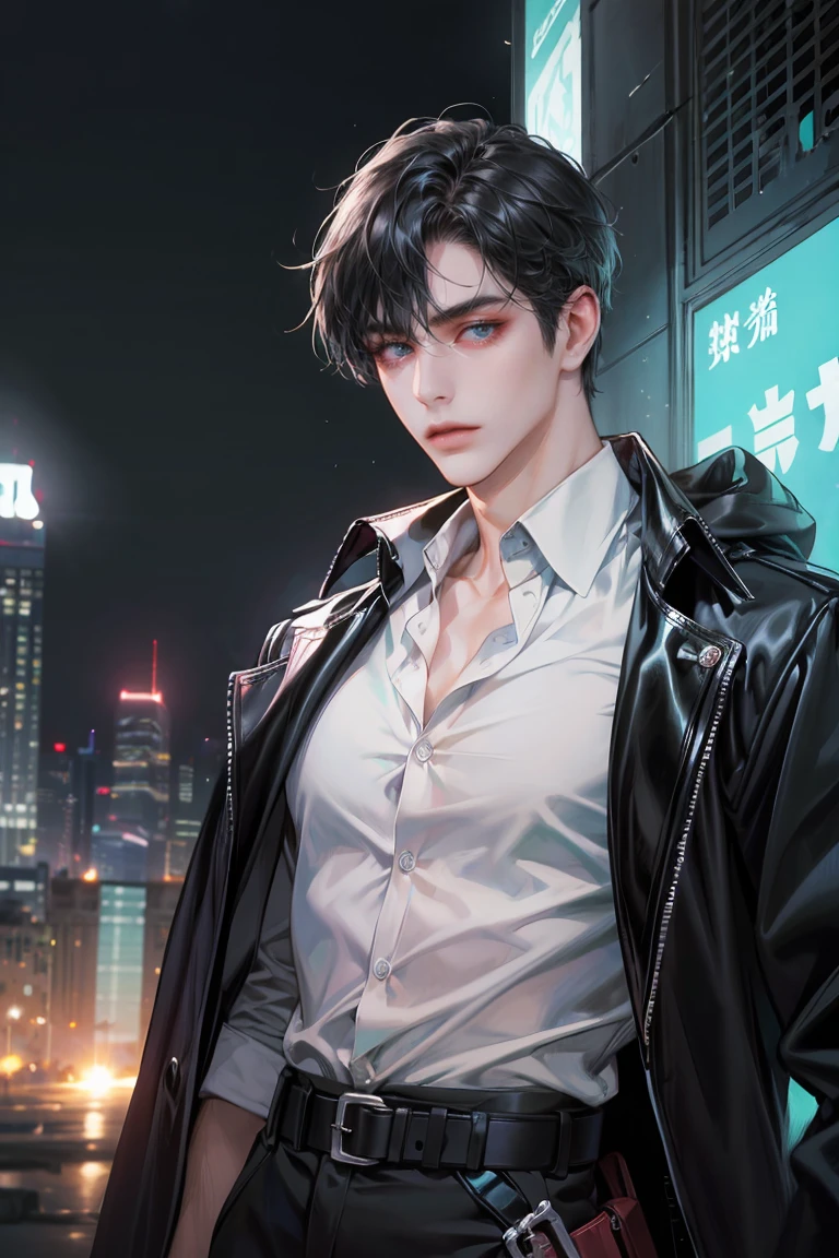 (absurdres, highres, ultra detailed, original character, HDR), 1 boy, solo, adult, handsome, ((tall muscular guy, broad shoulders)), finely detailed eyes, (black hair), hair between eyes, turquoise eyes, holographic, futuristic, casual and sexy outfit, black coat, gun holster, (body tight white shirt), big muscle chest, ((wearing a black earring)), cowboy shot, dutch angle, face focused, tower walled city scenery, dystopian hong kong city, skyscrapers, Cyan, Magenta, long face, closed mouth, looking at viewer, depth of field, bokeh