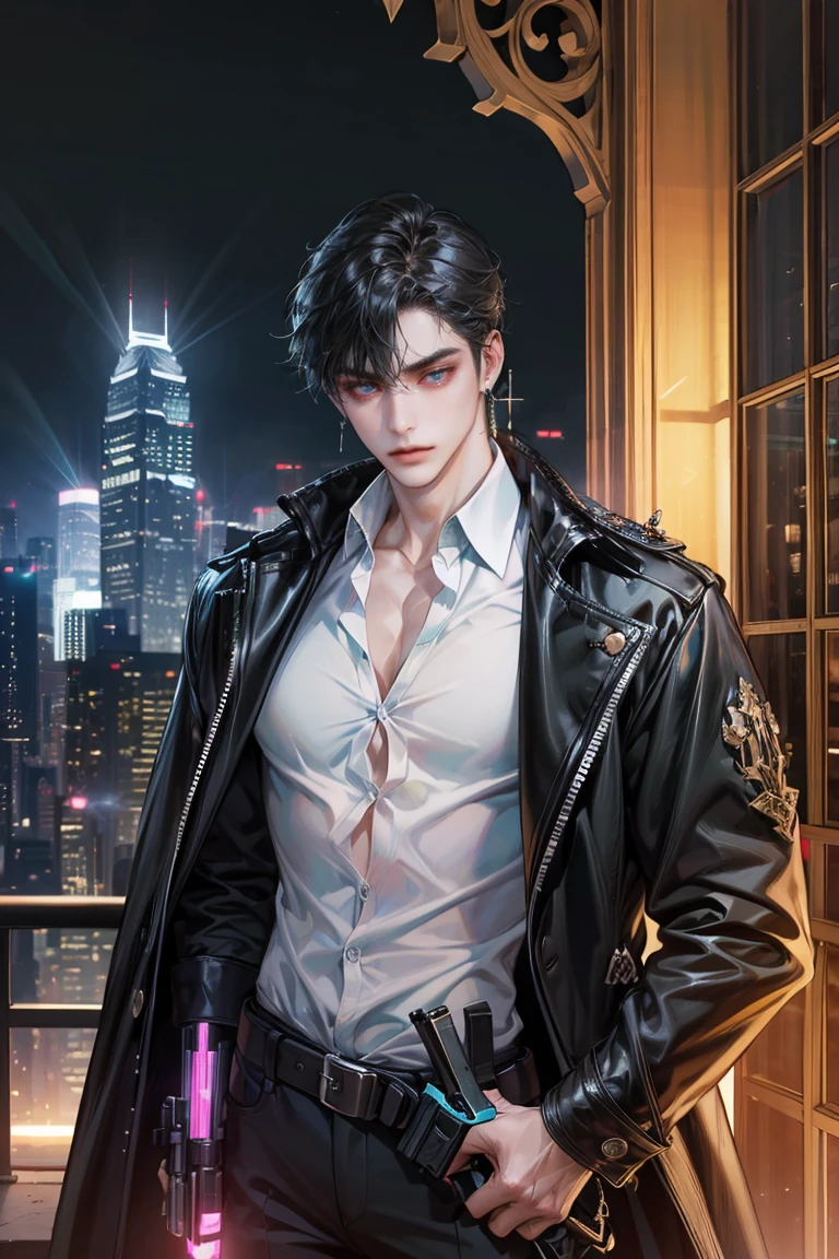 (absurdres, highres, ultra detailed, original character, HDR), 1 boy, solo, adult, handsome, ((tall muscular guy, broad shoulders)), finely detailed eyes, (black hair), hair between eyes, turquoise eyes, holographic, futuristic, casual and sexy outfit, black coat, gun holster, (body tight white shirt), big muscle chest, ((wearing a black earring)), cowboy shot, dutch angle, face focused, tower walled city scenery, dystopian hong kong city, skyscrapers, Cyan, Magenta, long face, closed mouth, looking at viewer, depth of field, bokeh