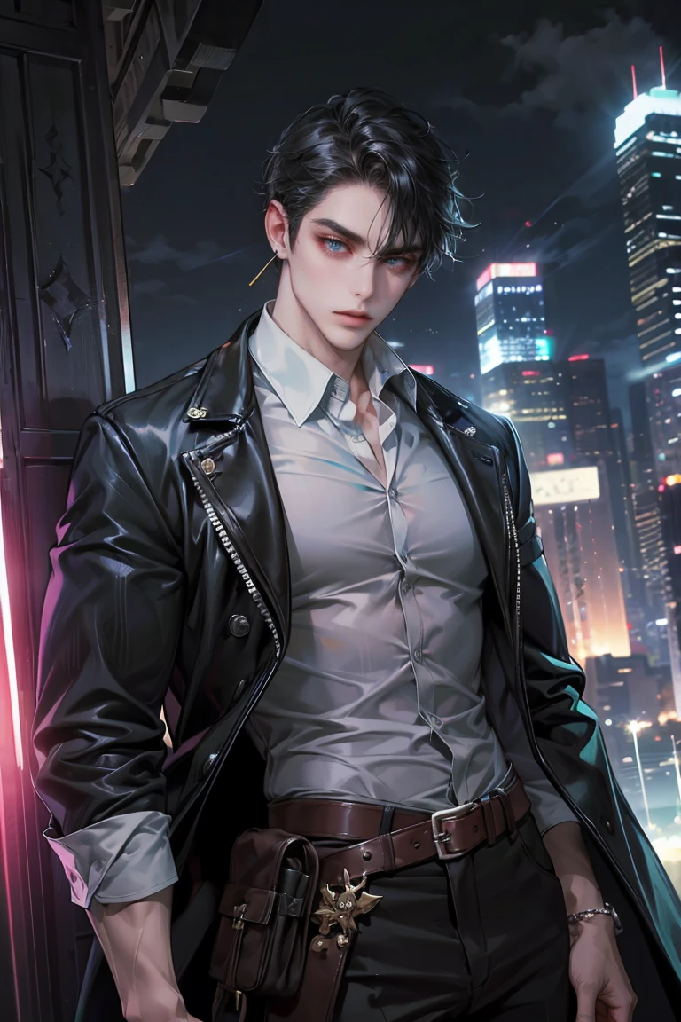 (absurdres, highres, ultra detailed, original character, HDR), 1 boy, solo, adult, handsome, ((tall muscular guy, broad shoulders)), finely detailed eyes, (black hair), hair between eyes, turquoise eyes, holographic, futuristic, casual and sexy outfit, black coat, gun holster, (body tight white shirt), big muscle chest, ((wearing a black earring)), cowboy shot, dutch angle, face focused, tower walled city scenery, dystopian hong kong city, skyscrapers, Cyan, Magenta, long face, closed mouth, looking at viewer, depth of field, bokeh