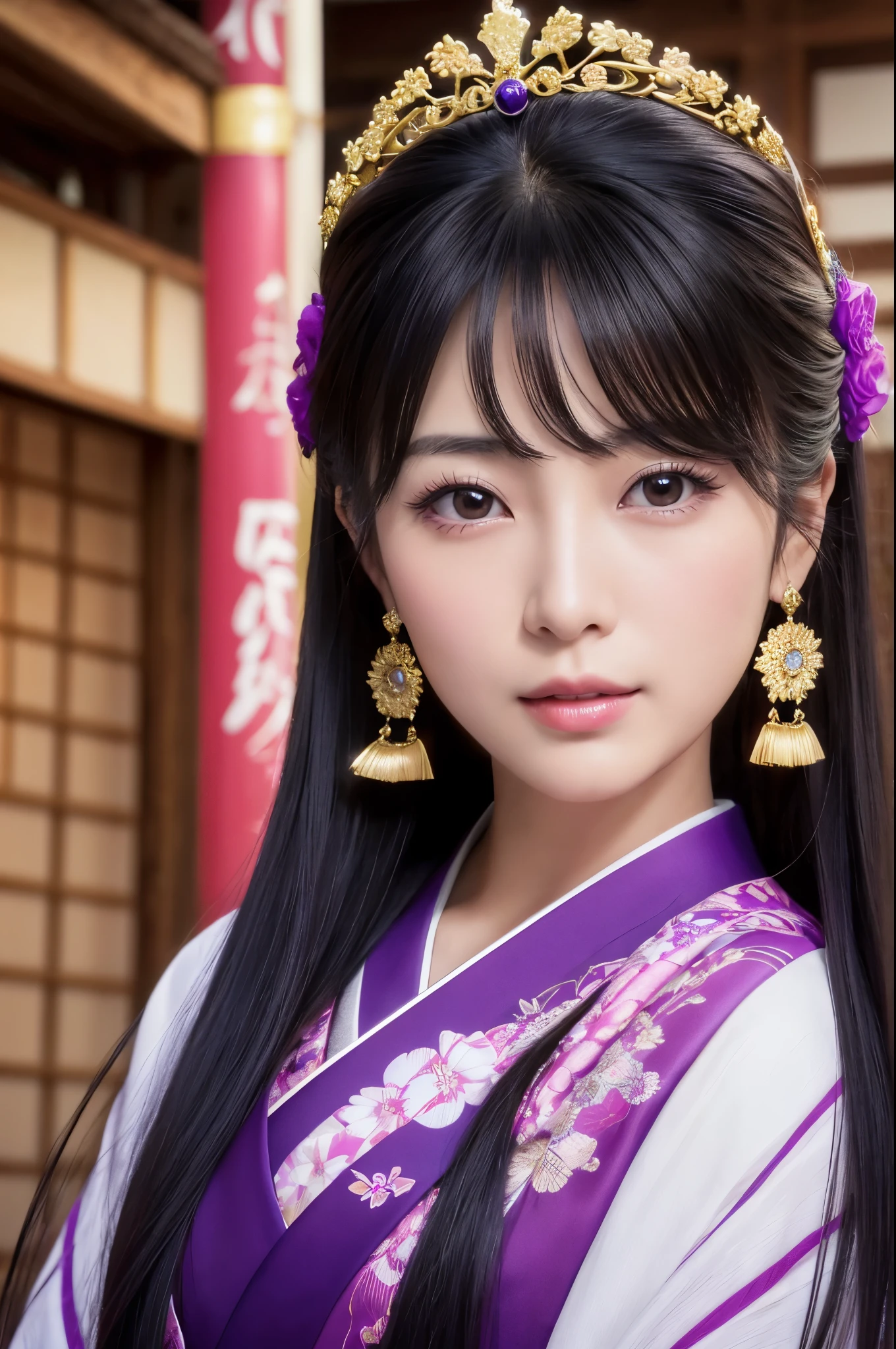 (8K,Photorealistic　to be born写真　Highest quality;1.4) Mature Japanese Goddess,so beautiful(A vivid face) ,(Long black hair),清楚なQueen,Gorgeous black and purple Japanese goddess&#39;Traditional costume,Engage your audience,Beautiful expression,Moist black eyes,Queenのメイクアップ,(Queen),charm,Small breasts,Golden decoration,筋肉質の細い身体のマッチョなQueen,Gorgeous hair ornament,Holding a folding fan,kimono,Black and purple kimono,Small breasts,Red eyeshadow,Ultra-high resolution,Surreal,Attention to detail,Rich colors, Backlight, Cinema Lighting, Film Grain, to be born, 50mm lens, Nikon D850,smile,Ultra-realistic,Highest qualityのフォトリアリスティックなRAW写真。Bright colors,Image of a perfect woman,Fantasy art,Character Art,background,A room in a large mansion,Extremely stiff abs,Muscular Beauty,Flower Hair Ornaments,Hairpin,