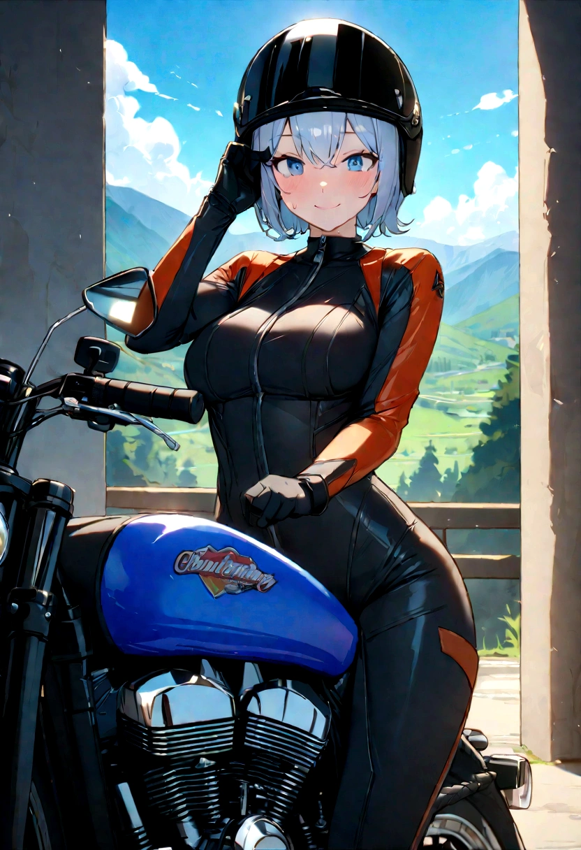 (highest quality、High resolution、8K、masterpiece:1.2、colorful)。Under a clear blue sky、A mountain road lined with beautiful mountains、Beautiful girl getting off her Harley and taking pictures of the mountain with her smartphone。Wearing a rider suit and looking at the mountains。(beautiful girl appearance:short hair、smile、Sweat、messy hair、Helmet)