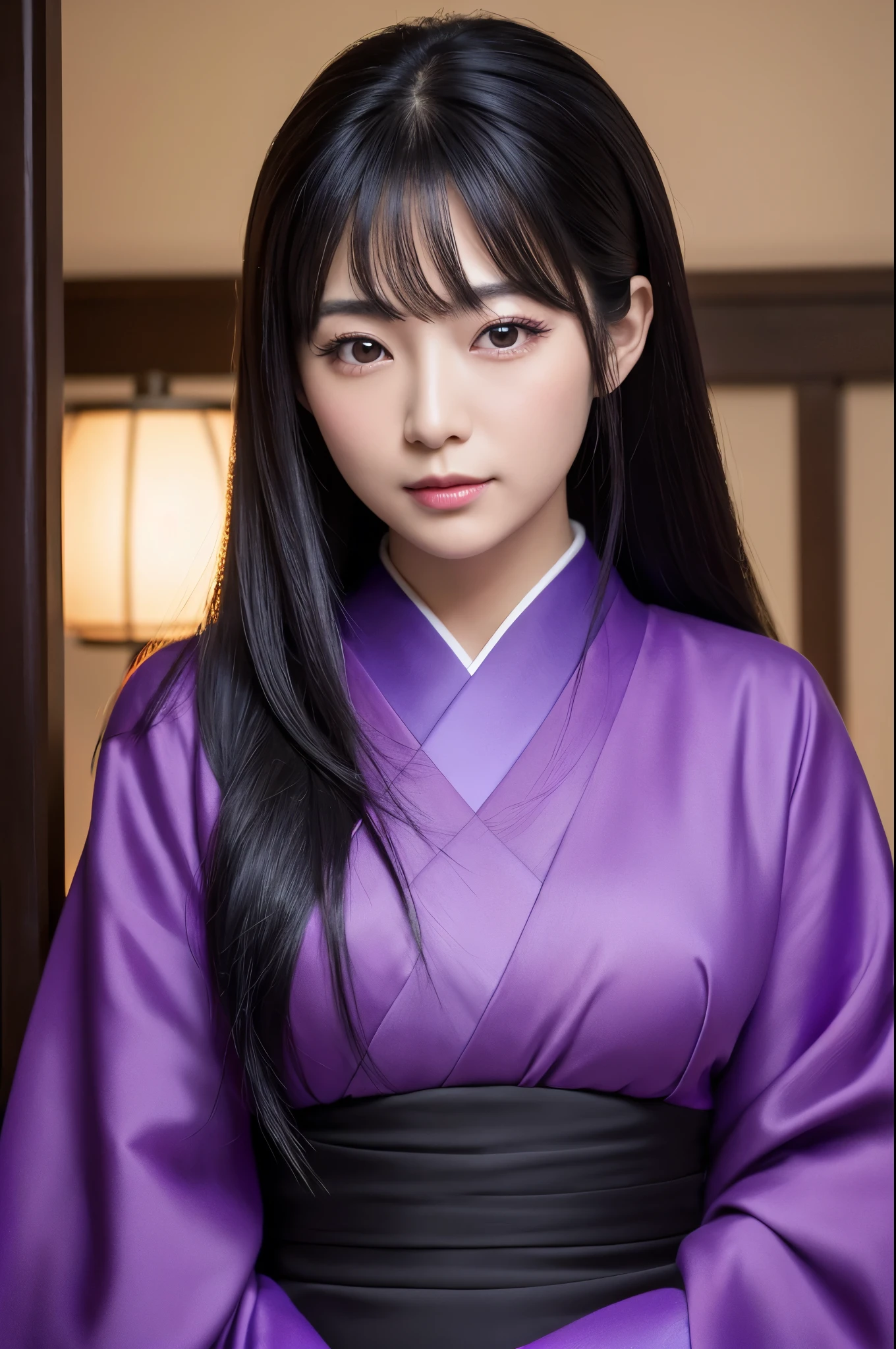 (8K,Photorealistic　to be born写真　Highest quality;1.4) Mature Japanese Goddess,so beautiful(A vivid face) ,(Long black hair),清楚なQueen,Gorgeous black and purple Japanese goddess&#39;Traditional costume,Engage your audience,Beautiful expression,Moist black eyes,Queenのメイクアップ,(Queen),charm,Small breasts,Golden decoration,筋肉質の細い身体のマッチョなQueen,Gorgeous hair ornament,Holding a folding fan,kimono,Black and purple kimono,Small breasts,Red eyeshadow,Ultra-high resolution,Surreal,Attention to detail,Rich colors, Backlight, Cinema Lighting, Film Grain, to be born, 50mm lens, Nikon D850,smile,Ultra-realistic,Highest qualityのフォトリアリスティックなRAW写真。Bright colors,Image of a perfect woman,Fantasy art,Character Art,background,A room in a large mansion,Extremely stiff abs,Muscular Beauty,Flower Hair Ornaments,Hairpin,