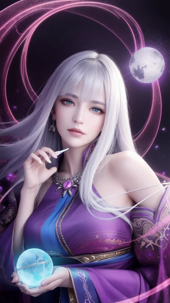 (masterpiece, top quality, 1 female, solo, exquisite details, chromatic aberration), (realistic), (skin), ((breathing)), (silver hair, blunt bangs, cropped straight long hair, short bangs, silver hair), beautiful hair, red headdress, highlights, hair on one eye, beautiful eyes, purple eyes, thick lips, earrings, piercing eyes, ((gold and white kimono)), ((symmetrical eyes)), ((perfectly symmetrical body)), ((perfectly symmetrical hands)), (purerosface_v1:0.3), full moon night, ((self, natural light))), bright lighting, flowers blooming in the background, in front of the viewer, ((central shot, from the front, (face and shoulders))), mysterious atmosphere, colorful flowers blooming around, light colored background, fortune teller in kimono, beautiful fortune teller, fortune teller, Fantasy female fortune teller, female fortune teller, fantasy photography, Japanese style, fortune teller in kimono, elegant cinematic fantasy art, fantasy woman, magician portrait, fortune teller, powerful wizard surrounded by mystical colorful flowers, holding a glowing heart crystal ball, eyes glowing with mystical energy, spells leaking from her mouth, vivid swirls of sorcery pulsating with iridescent hues appear in the air, magic permeates, flowers bloom, sacred creatures gaze in awe, threads of magical energy dance, reveal hidden realms, unravel secrets, capture the essence of this enchanting moment and bring to life the mysterious power of sorcery on a canvas of the highest quality and finest detail. Top Quality, Masterpiece, Ultra High Resolution, (Photorealistic: 1.4), RAW Photo, Sharp Focus, High Resolution, Detailed Skin.