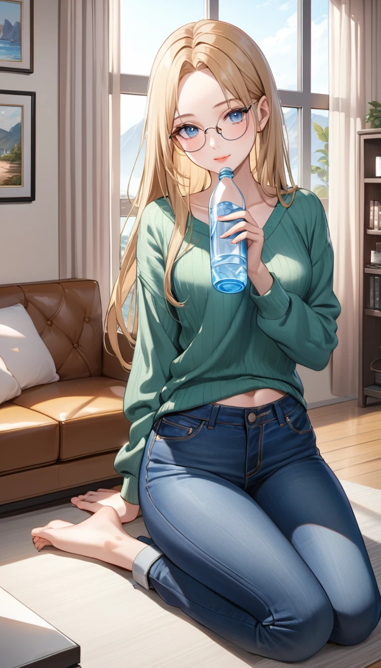 ((best quality, masterpiece:1.3, 8K)), (detailed), highly detailed face and skin texture, detailed eyes, (seductive pose:1.1), living room, window, drinking a bottle of water, full body, (slender body:1.1), 1girl, 25 years old, white skin, blue eyes, reading glasses, bright lips, seductive smile, blonde hair, straight hair, long hair, (forehead:1.0), green sweater, jeans pants, skinny jeans, blue jeans, barefoot,