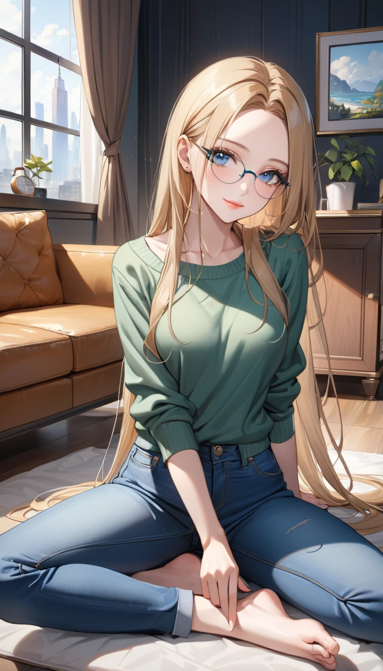 ((best quality, masterpiece:1.3, 8K)), (detailed), highly detailed face and skin texture, detailed eyes, (seductive pose:1.1), living room, window, drinking a bottle of water, full body, (slender body:1.1), 1girl, 25 years old, white skin, blue eyes, reading glasses, bright lips, seductive smile, blonde hair, straight hair, long hair, (forehead:1.0), green sweater, jeans pants, skinny jeans, blue jeans, barefoot,