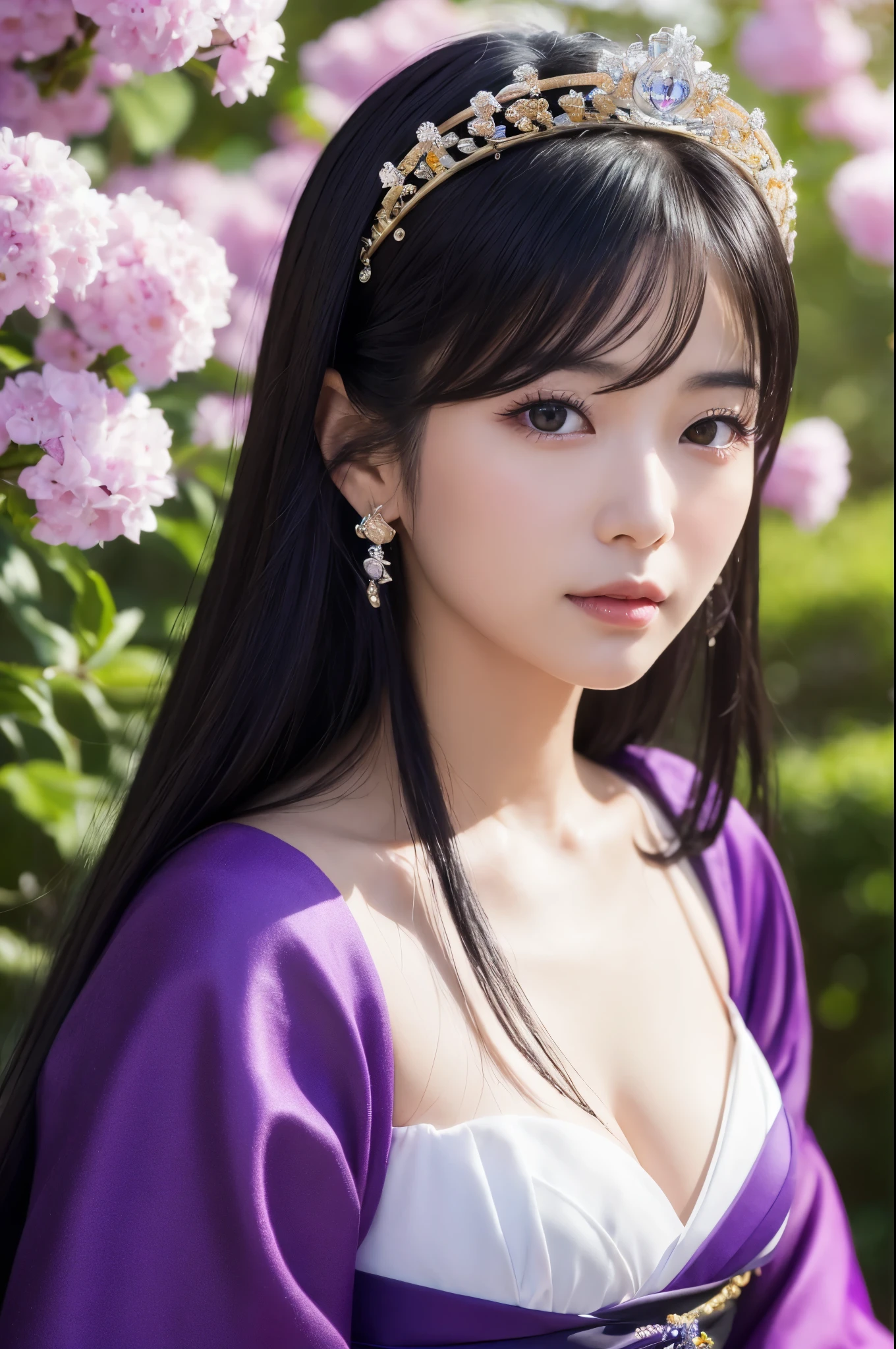(8K,Photorealistic to be born写真 Highest quality;1.4) Mature Japanese Goddess,so beautiful(A vivid face) ,(Long black hair),清楚なQueen,Gorgeous black and purple Japanese goddess'Traditional costume,Engage your audience,Beautiful expression,Moist black eyes,Queenのメイクアップ,(Queen),charm,Small breasts,Golden decoration,筋肉質の細い身体のマッチョなQueen,Gorgeous hair ornament,Holding a folding fan,kimono,Black and purple kimono,Small breasts,Red eyeshadow,Ultra-high resolution,Surreal,Attention to detail,Rich colors, Backlight, Cinema Lighting, Film Grain, to be born, 50mm lens, Nikon D850,smile,Ultra-realistic,Highest qualityのフォトリアリスティックなRAW写真。Bright colors,Image of a perfect woman,Fantasy art,Character Art,background,A room in a large mansion,Extremely stiff abs,Muscular Beauty,Flower Hair Ornaments,Hairpin,