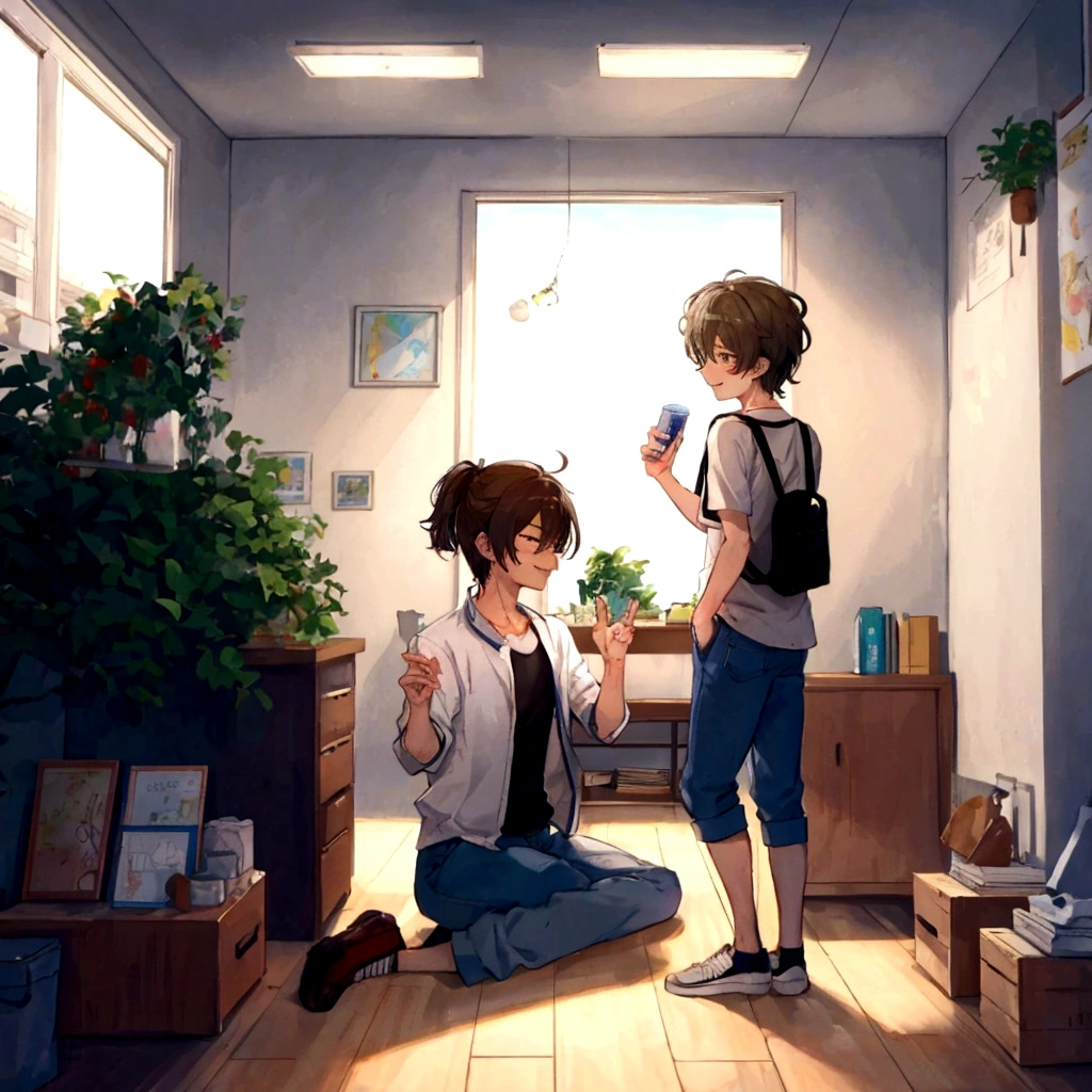 • Panel 2: Kenji is in a college dorm, unpacking your things. A roommate, Takashi, enter and smile friendly.
o Takashi: "No, you must be Kenji! Sou Takashi, your new roommate."