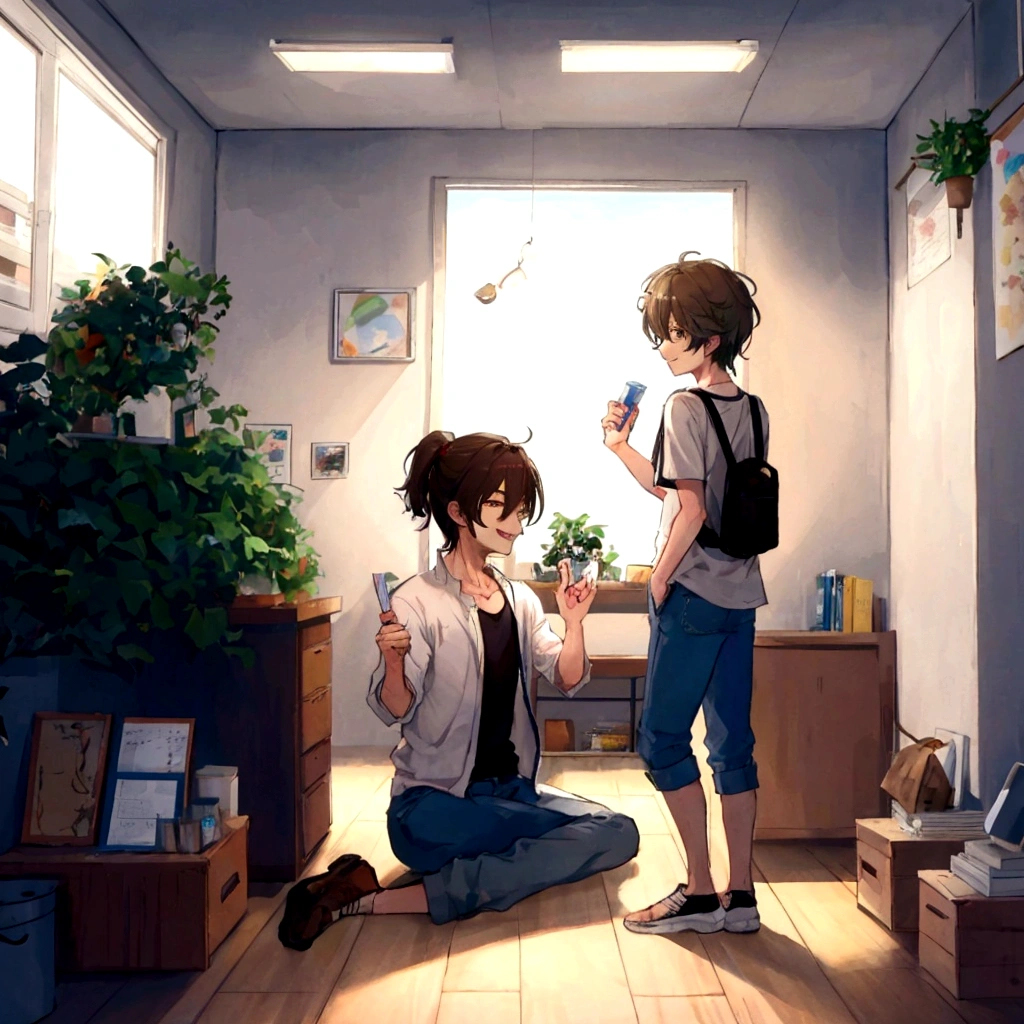 • Panel 2: Kenji is in a college dorm, unpacking your things. A roommate, Takashi, enter and smile friendly.
o Takashi: "No, you must be Kenji! Sou Takashi, your new roommate."