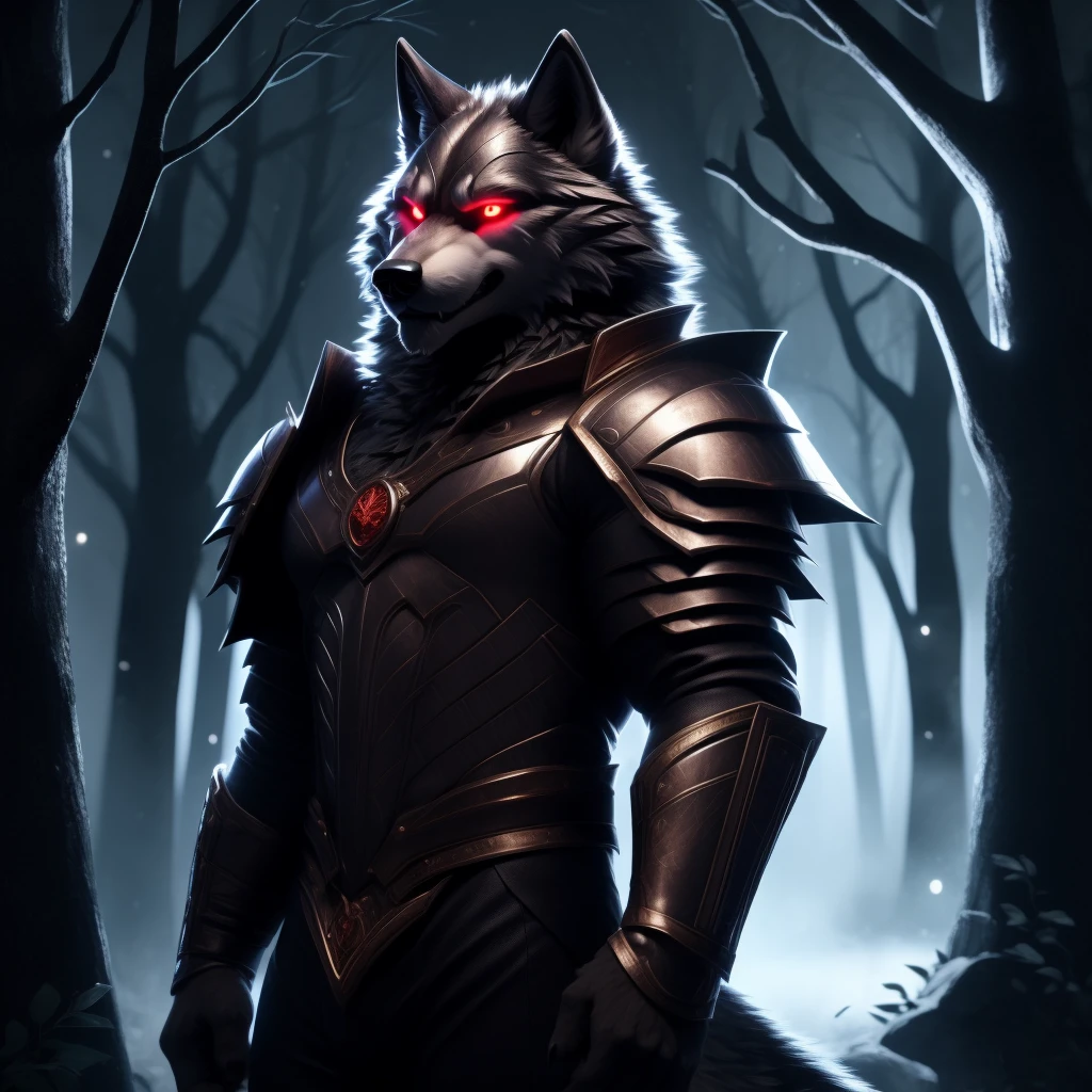 Posing, Male, 30 years old, biting lip smile, suit of gothic armour, bedroom eyes, anthro, wolf ears, (blakck fur:1.5), wolf, forest background at night, 8k, hi res, (best quality, masterpiece), red glowing eyes, (wolf tail:1.5), detailed fur