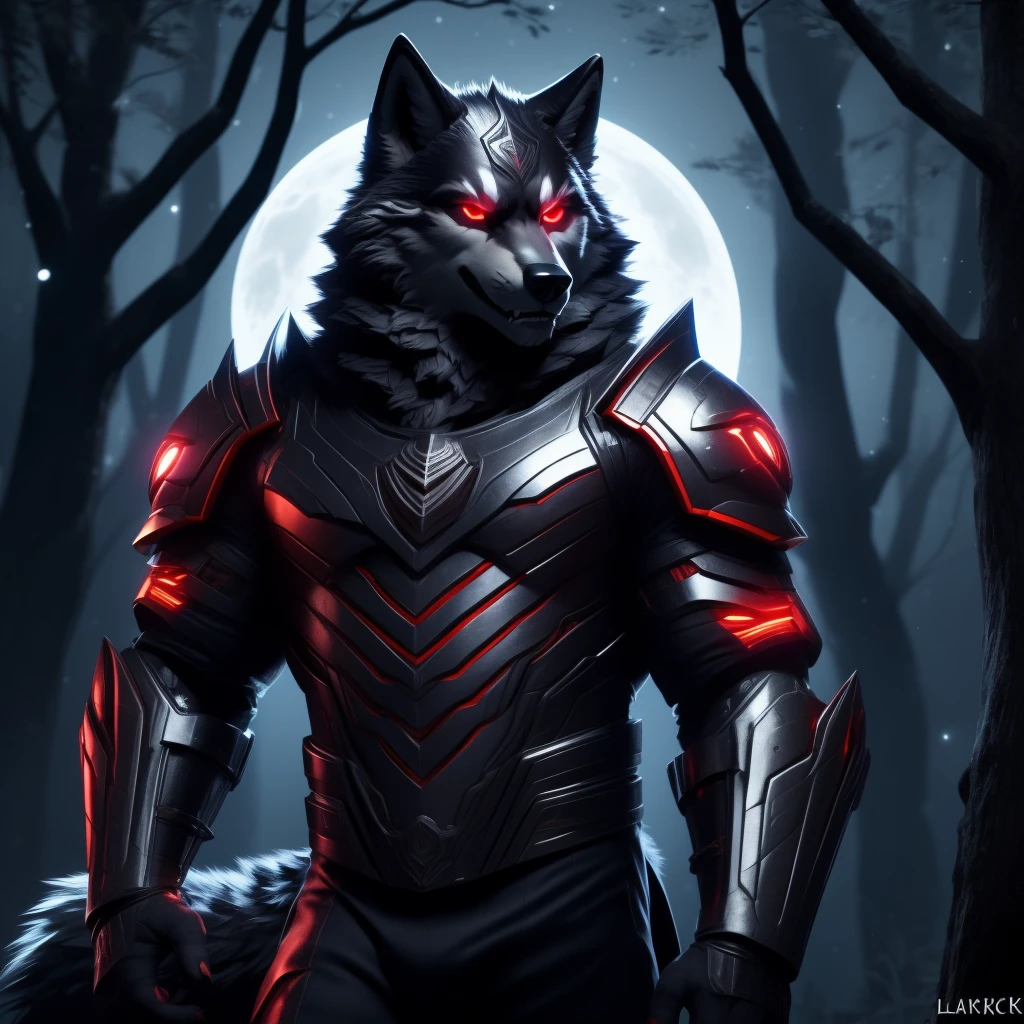 Posing, Male, 30 years old, biting lip smile, suit of gothic armour, bedroom eyes, anthro, wolf ears, (blakck fur:1.5), wolf, forest background at night, 8k, hi res, (best quality, masterpiece), red glowing eyes, (wolf tail:1.5), detailed fur