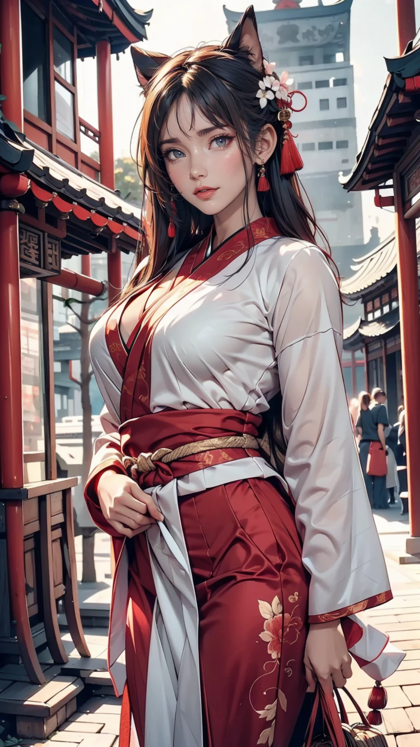 Beautiful girl ,Wearing gorgeous Hanfu, Chinese style building, landscape、Sexy proportions、Sexy、Narrow waist、Bewitching Smile