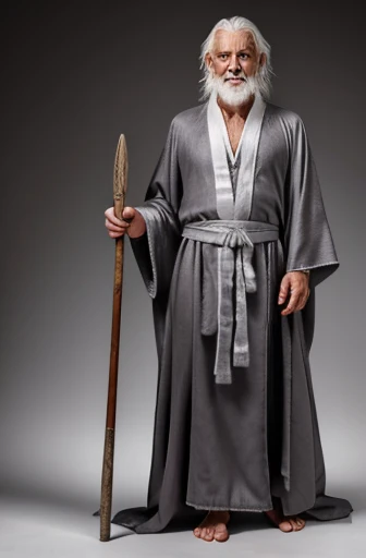 Old male god, slightly wrinkled, grey robes, white hair, aging, mischievous personality, happy glint in grey eyes, a worn out wooden staff, fantasy grey robes, full body picture 