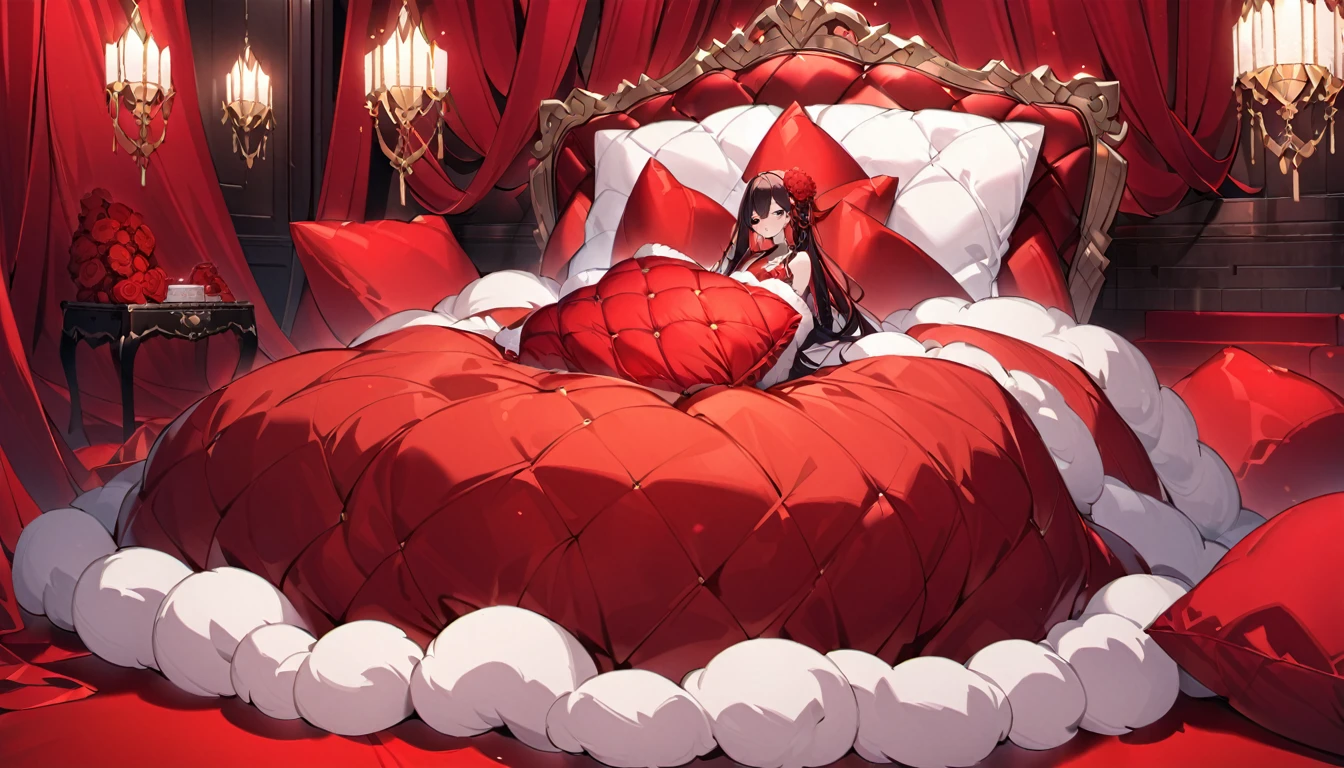 Fluffy red silk duvet、Lots of giant silk pillows、Luxurious fluffy red silk bed