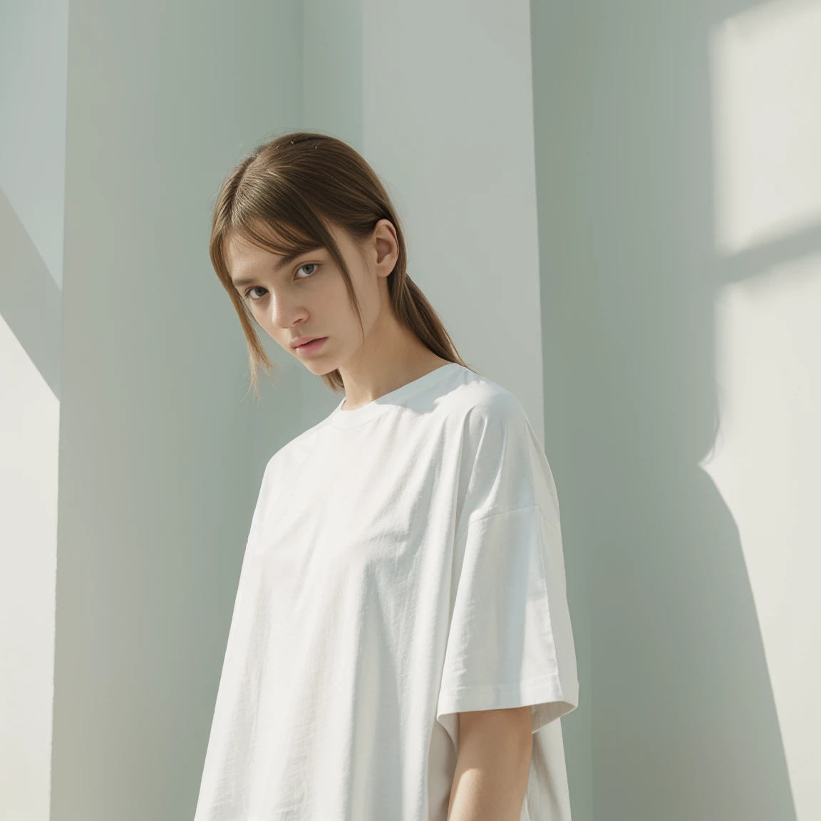 white oversize t-shirt no any patten on any logo,white oversize t-shirt , all green color background,balenciaga concept fashion photo, Paris