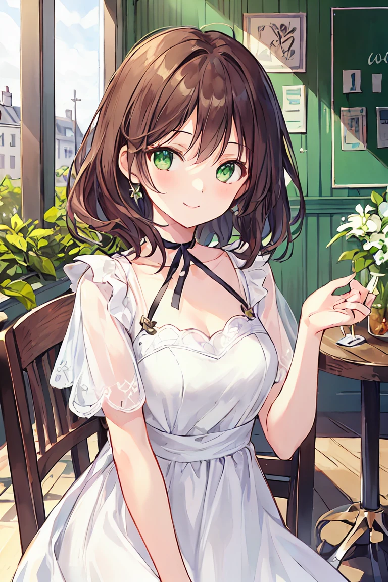 One Girl,Jewel Eyes,Beautiful arrangements and motifs、Few、Game character design、Written boundary depth , wonderful, beauty、Transparency、Game character design、(One Girl:1.0)、Brown Hair、Twin tails、Straight hair、cute、Upper Body、Green Eyes、Inside the cafe、Cafe Background、Sit on a chair,(White dress:1.5)、front、smile、cool