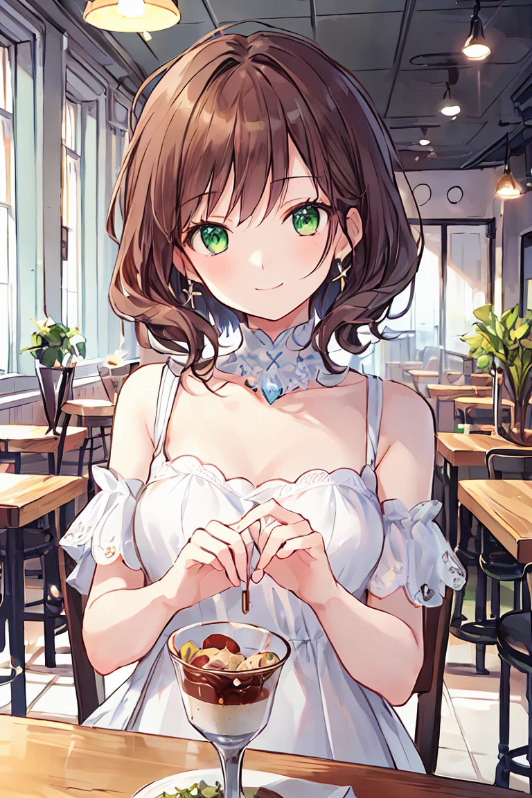 One Girl,Jewel Eyes,Beautiful arrangements and motifs、Few、Game character design、Written boundary depth , wonderful, beauty、Transparency、Game character design、(One Girl:1.0)、Brown Hair、Shortcuts、Straight hair、cute、Upper Body、Green Eyes、Inside the cafe、Cafe Background、Sit on a chair，(White dress:1.5)、front、smile、cool