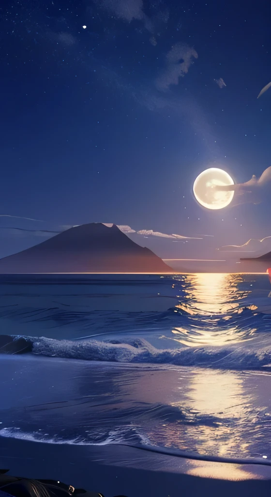 photorealistic ocean night scene, starry night sky, full moon, fantasy landscape, dramatic lighting, cinematic, highly detailed, 8k, hyper realistic, digital art, masterpiece, stunning, vibrant colors, chiaroscuro lighting, volumetric fog, atmospheric, serene, tranquil, mesmerizing, breathtaking, awe-inspiring