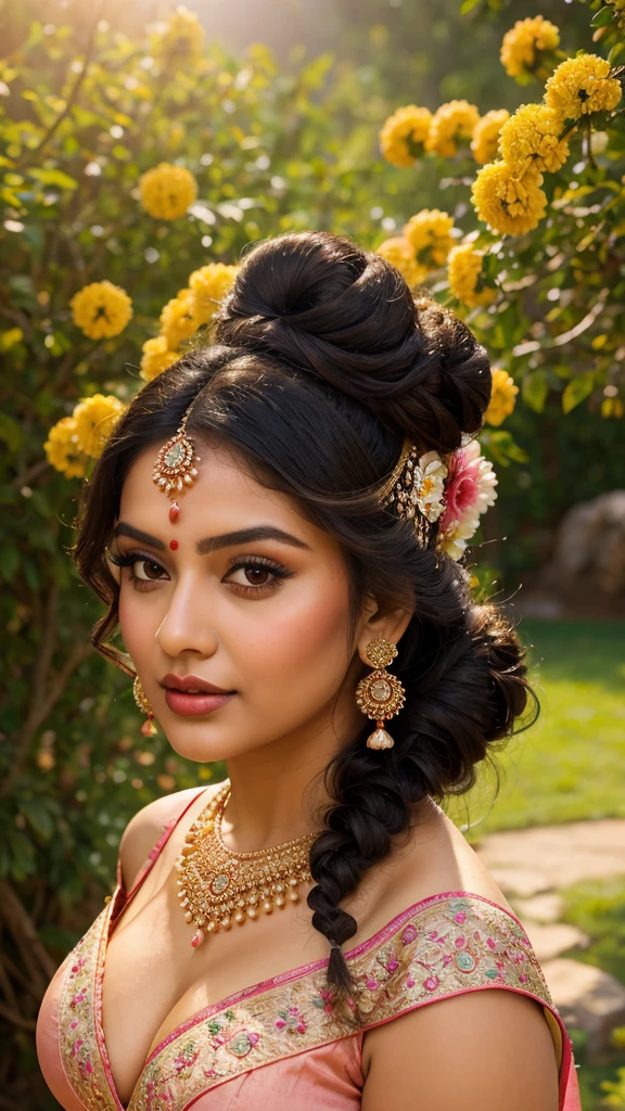Outdoor image of 18 years in school school photo in school masterpiece, (photorealistic:1.7), best quality, beautiful lighting, Eleanor Latino Woman 20yo Old Big Breasts Plus Size Model random colour beautiful eyes extremely( hair Bun)long extreme curly hair Lifts wearing Indian flowers ethnic elegance princess transparent salwar kameez. Flowers on hair (Persian princess)),off shoulder ,bra, big wearing flower tiara on the head,from top view, selfie, extreme close up photo of curvy Latina indian, hourglass figure, swooping breasts, sexy armpits, seducing on mountains, French braid hair, necklace, sultry, winking at viewer annoyingly, teal pink lace bra and saree, night, (cinematic:1.3), intricate details, (Art Station:1.2),Tamil pretty girl, ultra realistic human skin (hair bun)