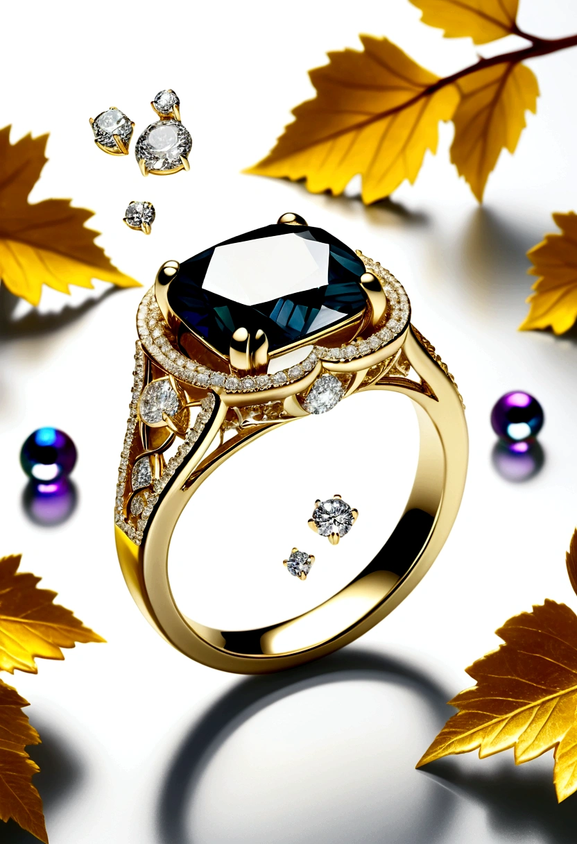 Winter theme, cold, freezing, (ring, Metallic texture, golden ring, diamond, diamond gem, white diamond, engagement ring, beautifull ring, Details, Focus:1.45),Dark trees, ripples,Fill with irregular geometric fluid oil,Splashing nebulae,Flowers,grape trees, grid,Bubble,Space flickering outside the door, (White background: 1.45),