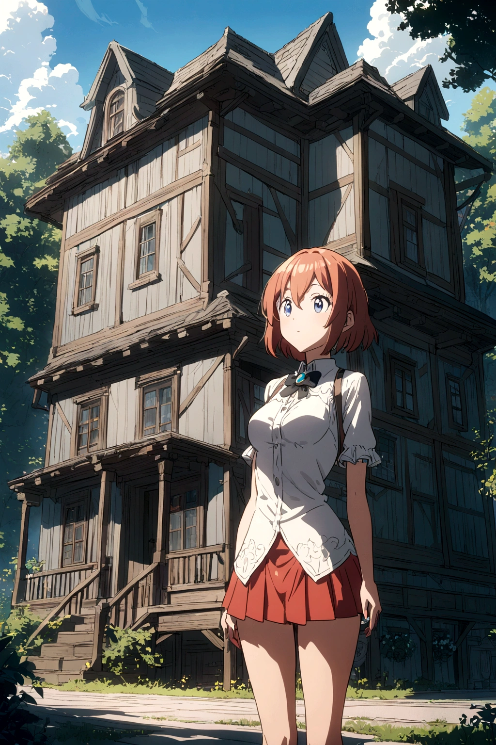 2D anime girl in a short skirt a little shorter shorter showing the house with the short skirt showing the house