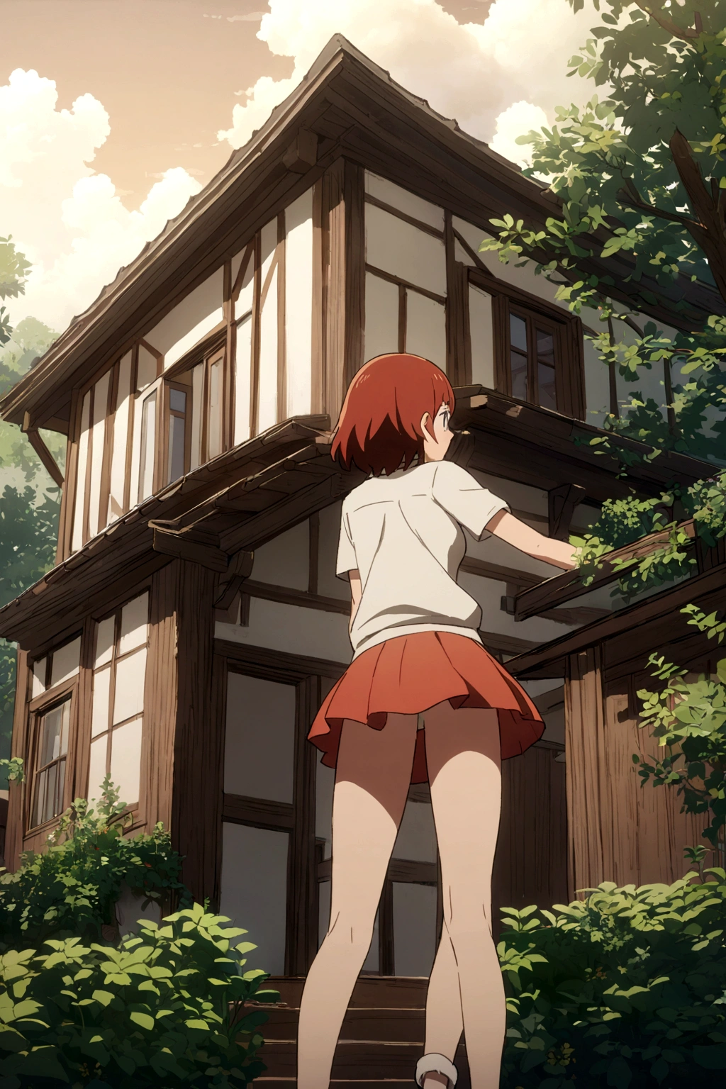 2D anime girl in a short skirt a little shorter shorter showing the house with the short skirt showing the house