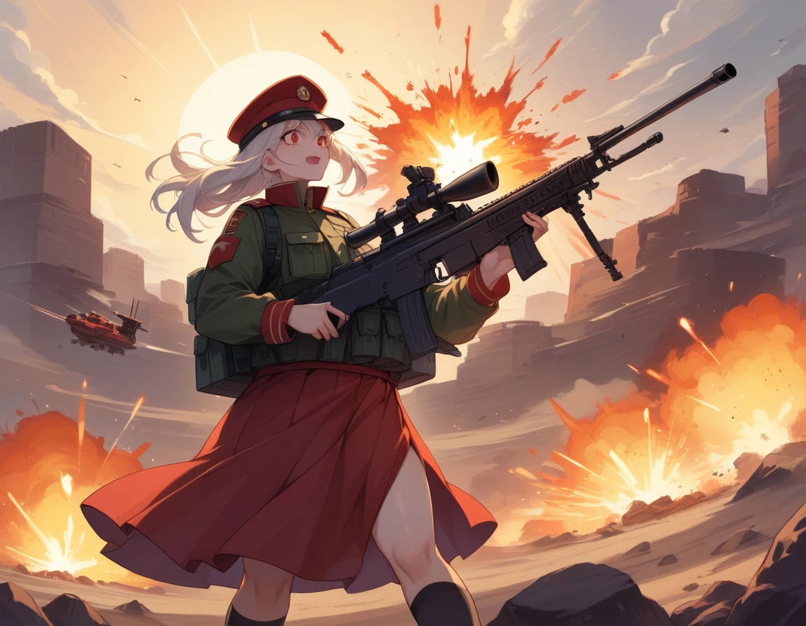 A platoon of girls in bright red military uniforms and long red skirts、A pair of a girl platoon leader and a soldier wearing a red military uniform and a red long skirt and equipped with two assault rifles、desert、Black powder explosion on the ground behind、Big Explosion、A big uproar、Destroy a Tank