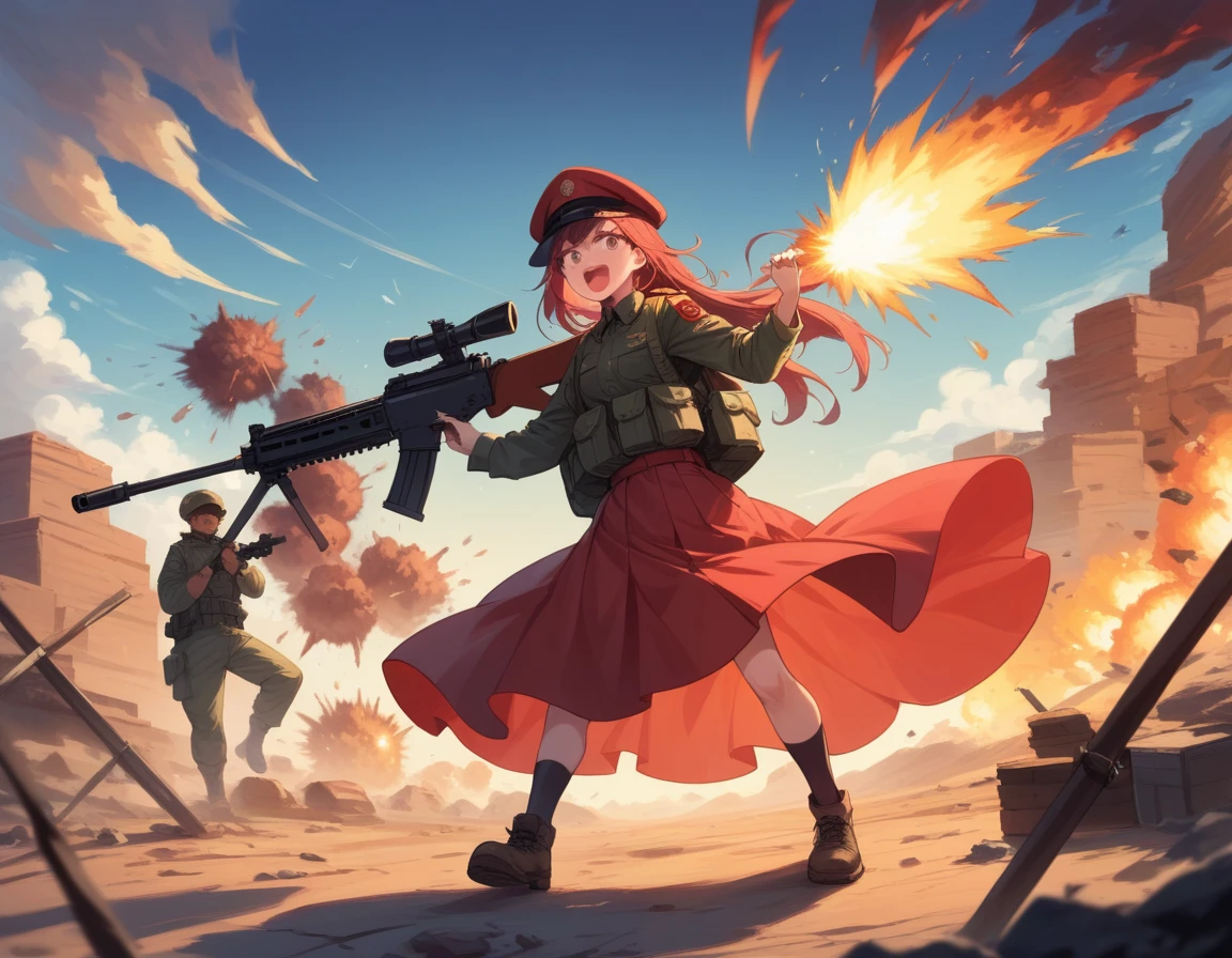 A platoon of girls in bright red military uniforms and long red skirts、A pair of a girl platoon leader and a soldier wearing a red military uniform and a red long skirt and equipped with two assault rifles、desert、Black powder explosion on the ground behind、Big Explosion、A big uproar、Destroy a Tank