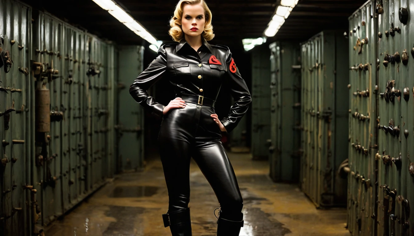 realistic nsfw photo , Alice Eve standing nude breasts , wearing black shinny pvc WWII german uniform , open shinny pvc pants , wearing shinny pvc thigh high boots , in WWII bunker with WWII german emblems