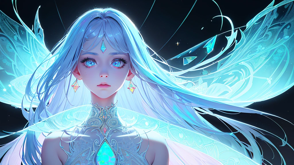 fantasy A girl and dynamic glow reflecting on face long hairs  looking at back half turned  completely white background (illusion) (bioluminescent transparent(((opal knight girl))) ((very long hair)), featuring a (((black silhouette))), intricate details and opal glowing outlines that give off a (((softly glowing opal blue))), evoking a sense of mystery and fantasy (((8k, Ultra high definition, Intricate details, hyper realistic))) photo realistic, ((white background))howcasing a ((face))) in adorned with intricate ()), with a (((sophisticatedly drawn face))) that reflects a (((detailed, advanced styling process))), reminiscent of Arantza Sestayo and Gustav Doré, against a (((complex, surreal backdrop))) that defies the ordinary, with (((unusual creatures and fantastical elements))) that push the boundaries of reality, all set against a (((highly detailed, 8K environment))), where every detail is hyper-cute and precise focus just on face and at corner and have more dynamic background 
