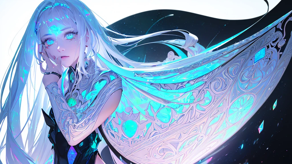 fantasy A girl and dynamic glow reflecting on face long hairs looking at back half turned completely white background (illusion) (bioluminescent transparent(((opal knight girl))) ((very long hair)), featuring a (((black silhouette))), intricate details and opal glowing outlines that give off a (((softly glowing opal blue))), evoking a sense of mystery and fantasy (((8k, Ultra high definition, Intricate details, hyper realistic))) photo realistic, ((white background))howcasing a ((face))) in adorned with intricate ()), with a (((sophisticatedly drawn face))) that reflects a (((detailed, advanced styling process))), reminiscent of Arantza Sestayo and Gustav Doré, against a (((complex, surreal backdrop))) that defies the ordinary, with (((unusual creatures and fantastical elements))) that push the boundaries of reality, all set against a (((highly detailed, 8K environment))), where every detail is hyper-cute and precise focus just on face and at corner and have more dynamic background