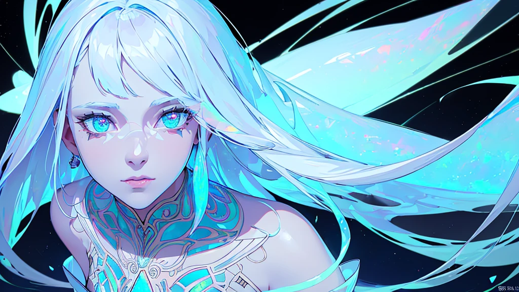 fantasy A girl and dynamic glow reflecting on face long hairs  looking at back half turned  completely white background (illusion) (bioluminescent transparent(((opal knight girl))) ((very long hair)), featuring a (((black silhouette))), intricate details and opal glowing outlines that give off a (((softly glowing opal blue))), evoking a sense of mystery and fantasy (((8k, Ultra high definition, Intricate details, hyper realistic))) photo realistic, ((white background))howcasing a ((face))) in adorned with intricate ()), with a (((sophisticatedly drawn face))) that reflects a (((detailed, advanced styling process))), reminiscent of Arantza Sestayo and Gustav Doré, against a (((complex, surreal backdrop))) that defies the ordinary, with (((unusual creatures and fantastical elements))) that push the boundaries of reality, all set against a (((highly detailed, 8K environment))), where every detail is hyper-cute and precise focus just on face and at corner and have more dynamic background 
