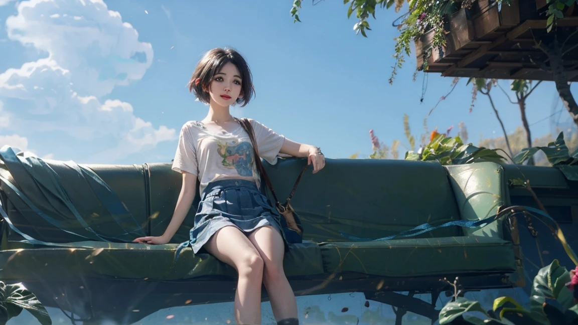 cute young short hair girl chilling around the city, the sky are blue and very happy joyful day, she is wearing a modern shirt with cute flower skirt