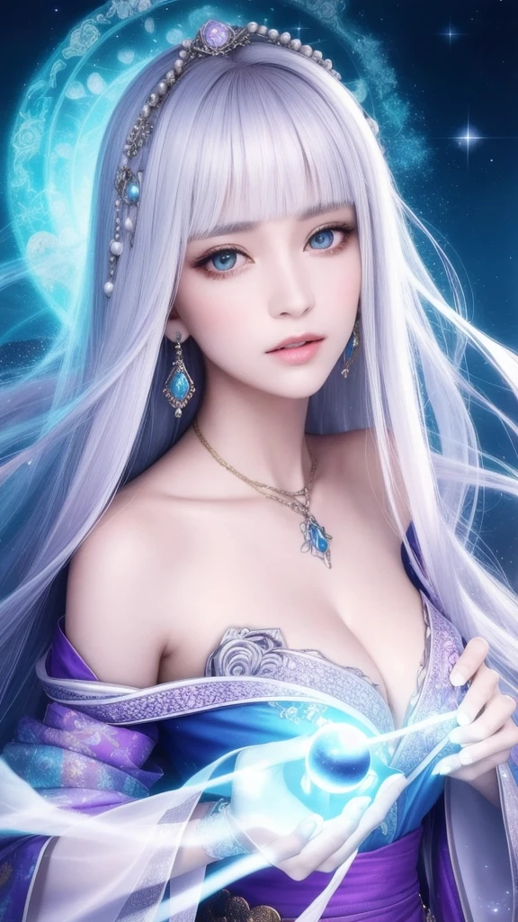 (masterpiece, top quality, 1 female, solo, exquisite details, chromatic aberration), (realistic), (skin), ((breathing)), (silver hair, blunt bangs, cropped straight long hair, short bangs, silver hair), beautiful hair, red headdress, highlights, hair on one eye, beautiful eyes, purple eyes, thick lips, earrings, piercing eyes, ((gold and white kimono)), ((symmetrical eyes)), ((perfectly symmetrical body)), ((perfectly symmetrical hands)), (purerosface_v1:0.3), full moon night, ((self, natural light))), bright lighting, flowers blooming in the background, in front of the viewer, ((central shot, from the front, (face and shoulders))), mysterious atmosphere, colorful flowers blooming around, light colored background, fortune teller in kimono, beautiful fortune teller, fortune teller, Fantasy female fortune teller, female fortune teller, fantasy photography, Japanese style, fortune teller in kimono, elegant cinematic fantasy art, fantasy woman, magician portrait, fortune teller, powerful wizard surrounded by mystical colorful flowers, holding a glowing heart crystal ball, eyes glowing with mystical energy, spells leaking from her mouth, vivid swirls of sorcery pulsating with iridescent hues appear in the air, magic permeates, flowers bloom, sacred creatures gaze in awe, threads of magical energy dance, reveal hidden realms, unravel secrets, capture the essence of this enchanting moment and bring to life the mysterious power of sorcery on a canvas of the highest quality and finest detail. Top Quality, Masterpiece, Ultra High Resolution, (Photorealistic: 1.4), RAW Photo, Sharp Focus, High Resolution, Detailed Skin.