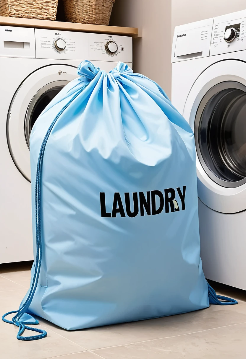 1 oversized blue polyester dirty clothes bag in the laundry room，Drawstring，