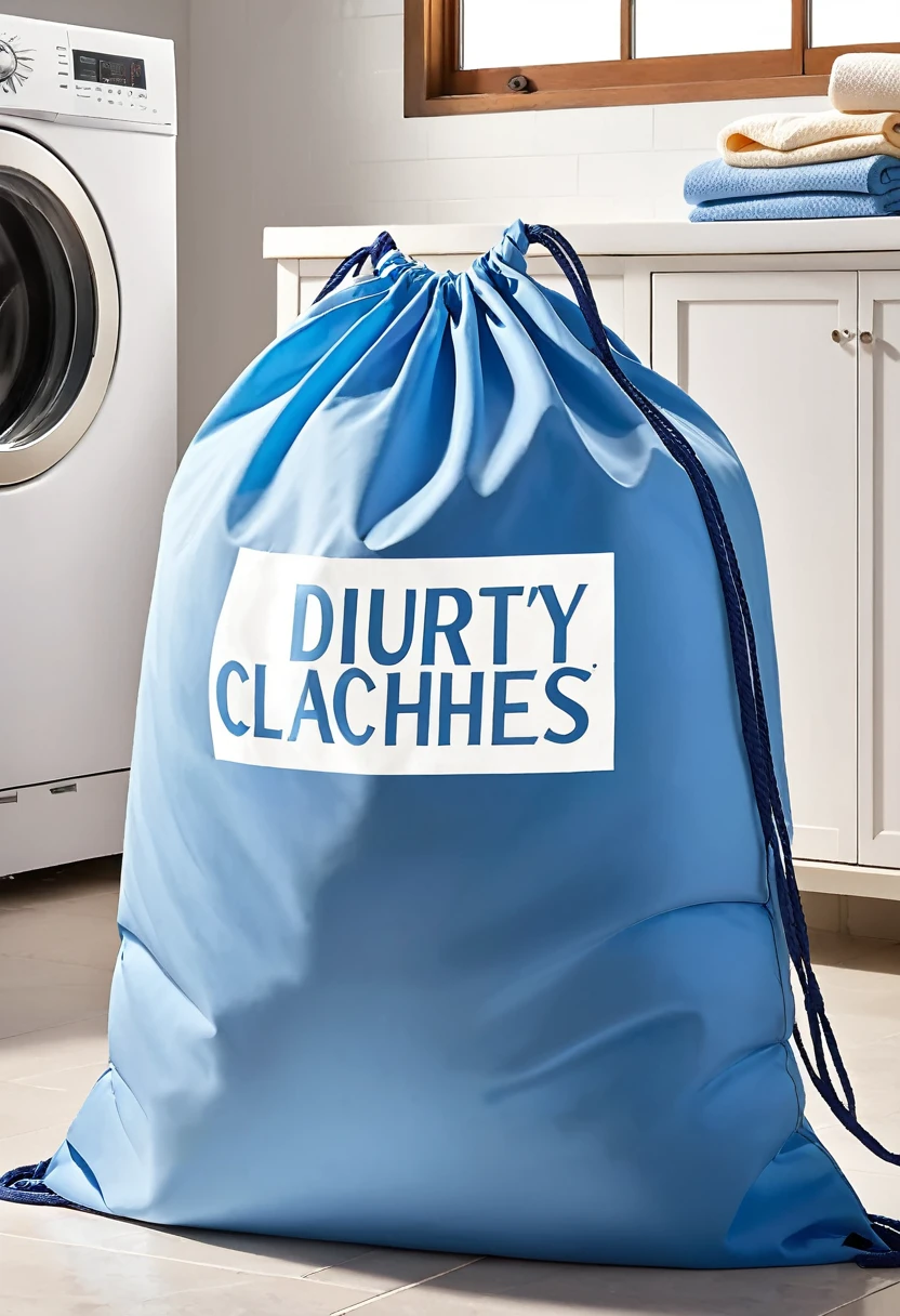 1 oversized blue polyester dirty clothes bag in the laundry room，Drawstring，