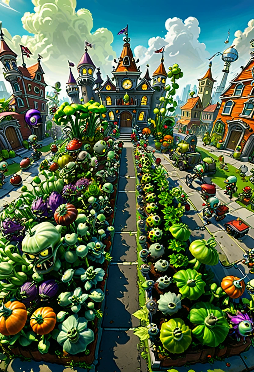 (game,  "Plants vs. Zombies"), which combines elements of zombies and plants. By contrasting colors and designs, it emphasizes the diversity and  of art. The entire scene is filled with a unique sense of innovation and design, full body, (Photography), panoramic view, award-winning, cinematic still, emotional, vignette, dynamic, vivid, (masterpiece, best quality, Professional, perfect composition, very aesthetic, absurdres, ultra-detailed, intricate details:1.3)