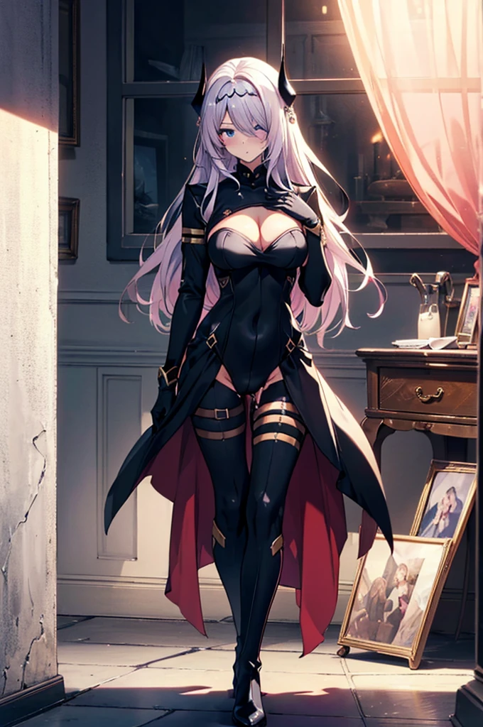 (full body),masterpiece,Highest quality, ((Browsing Caution,Having sex on the bed,Spread your legs,(Face turned upside down),Masturbation,Masturbation,room)),Beautiful and exquisite body,Horn, tiara, Veil,(A body-hugging enamel bodysuit,Rubber Suit, Black bodysuit, Scapula, Long sleeve, Cleavage cutout, Black gloves, Black overskirt, Black trousers),Show me your boots,leotard,elegant, 1 Girl, cute, Blushed, Beautiful Eyes, Beautiful background, Dramatic lighting, outside, Shiny, Realistic, Highest quality, Very detailed, Get used to it, scenery, Beautiful and exquisite, Thin Hair,