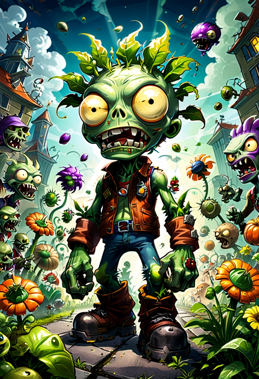 (game,  "Plants vs. Zombies"), which combines elements of zombies and plants. By contrasting colors and designs, it emphasizes the diversity and  of art. The entire scene is filled with a unique sense of innovation and design, full body, (Photography), panoramic view, award-winning, cinematic still, emotional, vignette, dynamic, vivid, (masterpiece, best quality, Professional, perfect composition, very aesthetic, absurdres, ultra-detailed, intricate details:1.3)