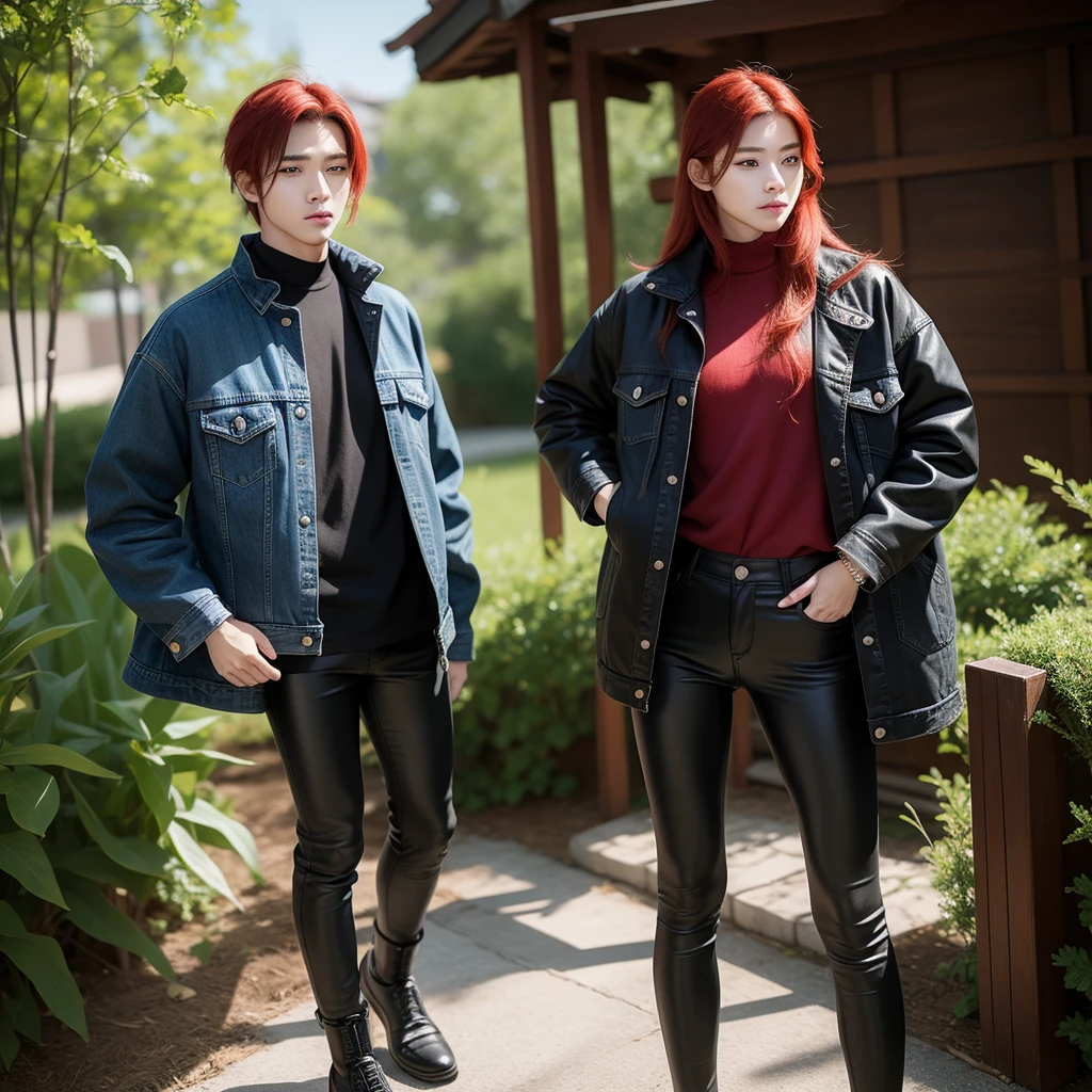 A boy, Red hair, dark black eyes, Cao Cao, looking into the lens, unified fund, mini denim jacket, with black leather pants.