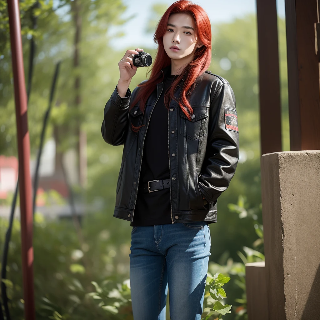 A boy, Red hair, dark black eyes, Cao Cao, looking into the lens, unified fund, mini denim jacket, with black leather pants.