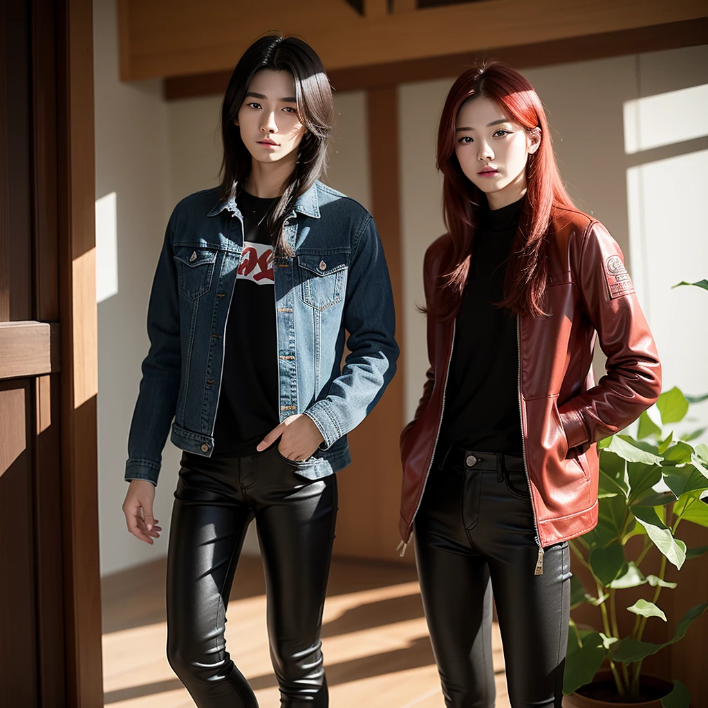 A boy, Red hair, dark black eyes, Cao Cao, looking into the lens, unified fund, mini denim jacket, with black leather pants.