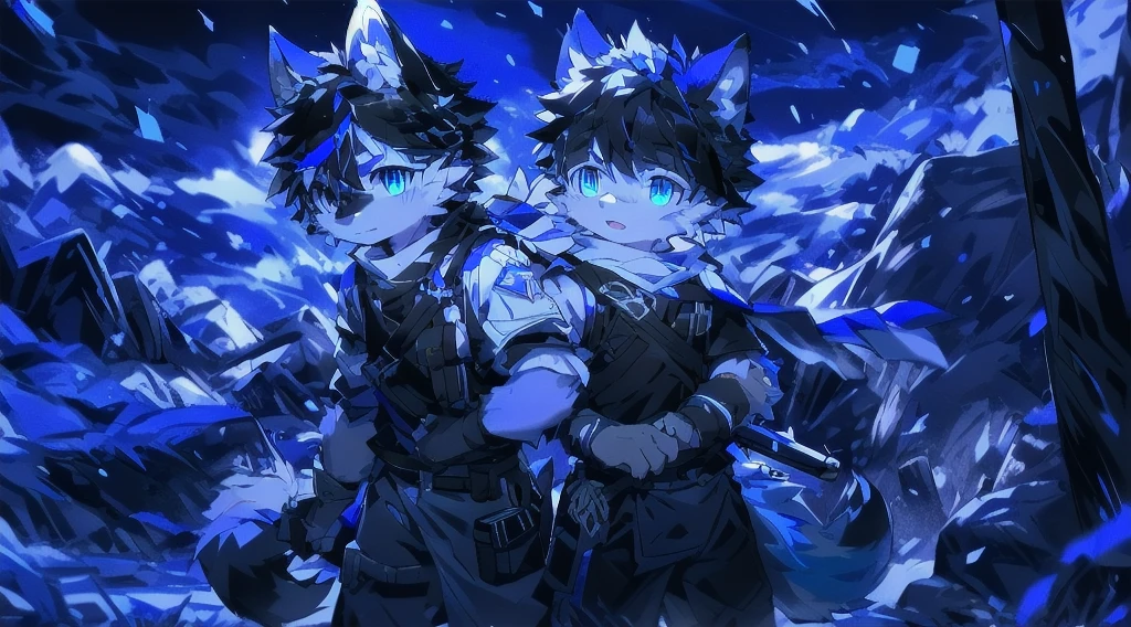 White Wolf,black hair,Sky blue eyes,hairy,Wolf ears,Wolf tail,Full body portrait,The character is in the center of the frame,Handsome,Confident eye***but,juvenile,Black and white combat uniform,Red neck bib,Black shorts,Short sleeve,hairy arms and legs,Dark background,Dark battlefield,dawn,sunrise,dawn,illumination,shadow,Swordsman,Scabbard and Hold the hilt of a in your hand,The scabbard is at the waist,Highest quality,A tall stature