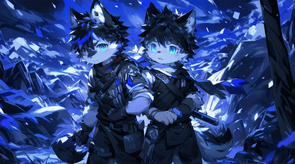 White Wolf，black hair，Sky blue eyes，hairy，Wolf ears，Wolf tail，Full body portrait，The character is in the center of the frame，Handsome，Confident eye***but，juvenile，Black and white combat uniform，Red neck bib，Black shorts，Short sleeve，hairy arms and legs，Dark background，Dark battlefield，dawn，sunrise，dawn，illumination，shadow，Swordsman，Scabbard and Hold the hilt of a in your hand，The scabbard is at the waist，Highest quality,A tall stature