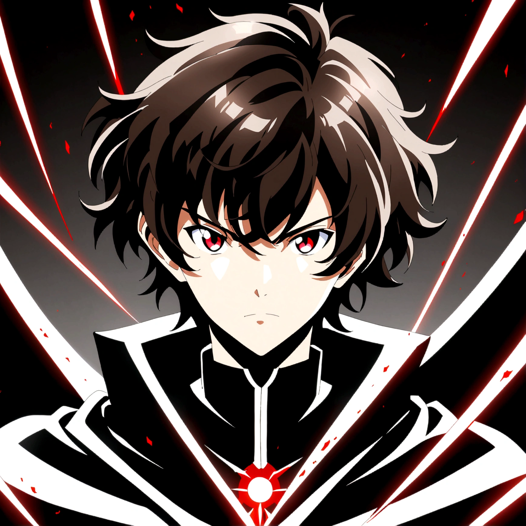 anime style diffusion, upper body, (face to the side 0.3), boy with messy brown hair bright red eyes, (open eyes 0.5), (serious face 0.1), black majestc cloak with red details, upper light, high contrast , 2D style, photoshop, cinematic
