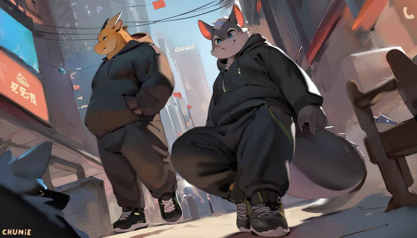 Dragon, male, adult,yaoi, doujin, furry, anthro, fat, cyberpunk fashion style, wearing black Hoodie, Long trousers, sneakers, out camera view, background, In the middle of the city, Modern era, three point perspective, character art style by quanjiang, by chunie, masterpiece,4k hd