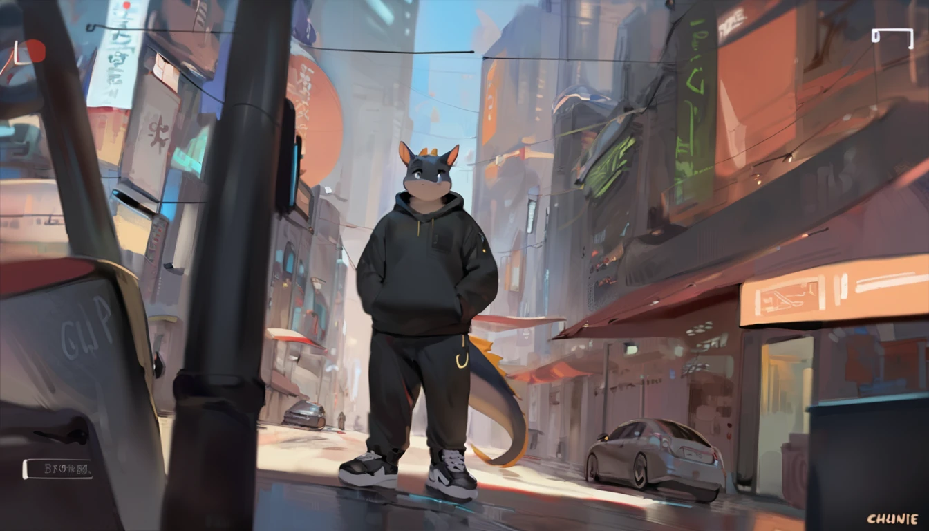 Dragon, male, adult,yaoi, doujin, furry, anthro, fat, cyberpunk fashion style, wearing black Hoodie, Long trousers, sneakers, out camera view, background, In the middle of the city, Modern era, three point perspective, character art style by quanjiang, by chunie, masterpiece,4k hd