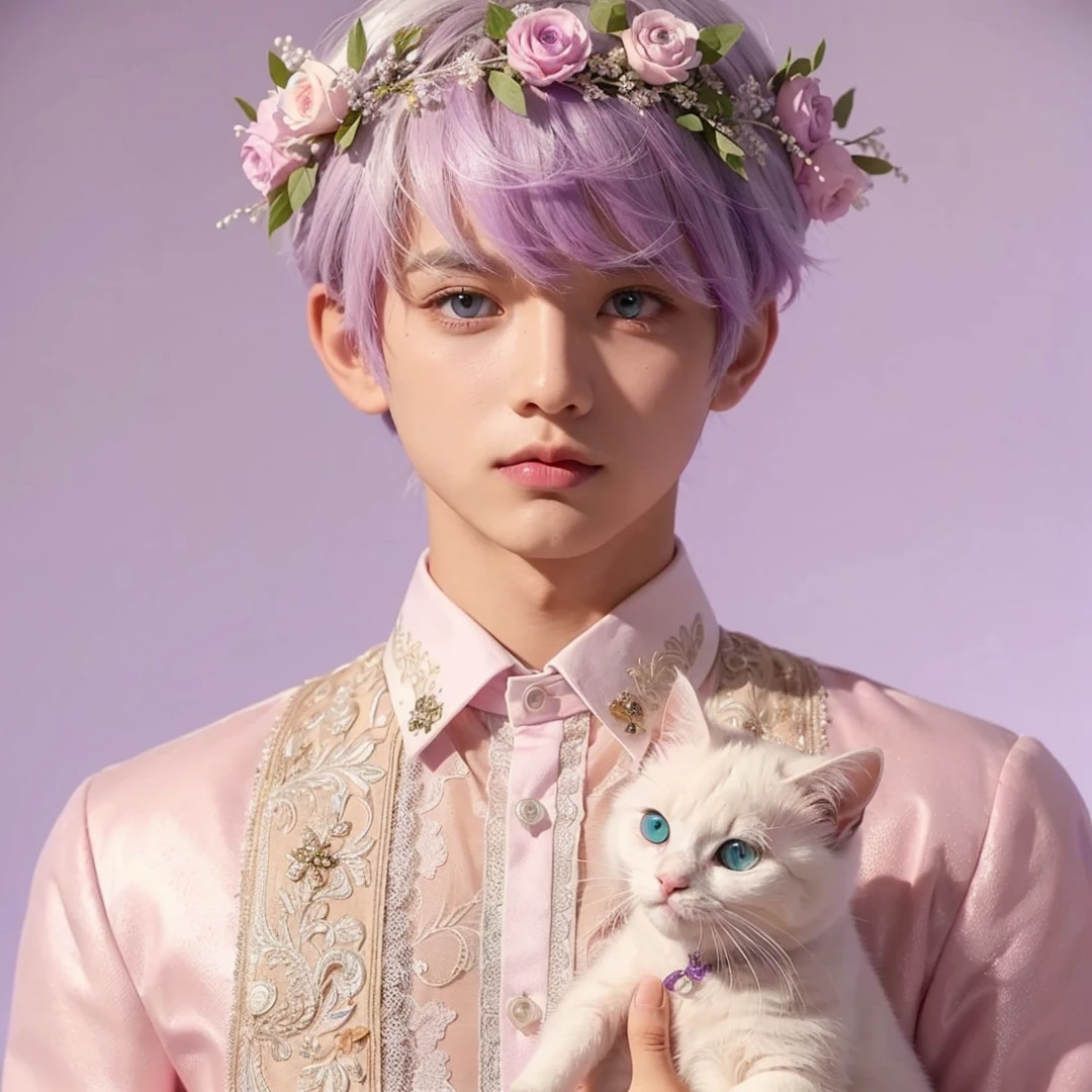 Handsome boy, white hair highlighted with turquoise pink and purple, purple eyes, wearing pink barong tagalog, white cat
