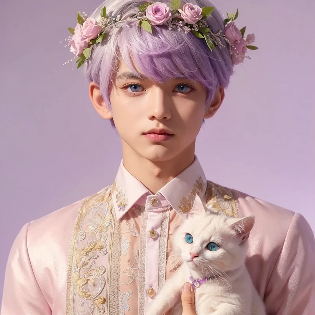Handsome boy, white hair highlighted with turquoise pink and purple, purple eyes, wearing pink barong tagalog, white cat